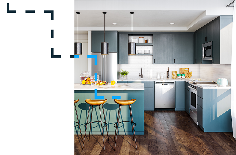 Banner Lane Kitchen with blue cabinets and central island with seating