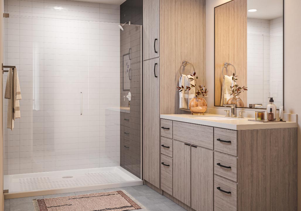 Banner Lane bathroom with abundant cabinets and frameless stand up shower